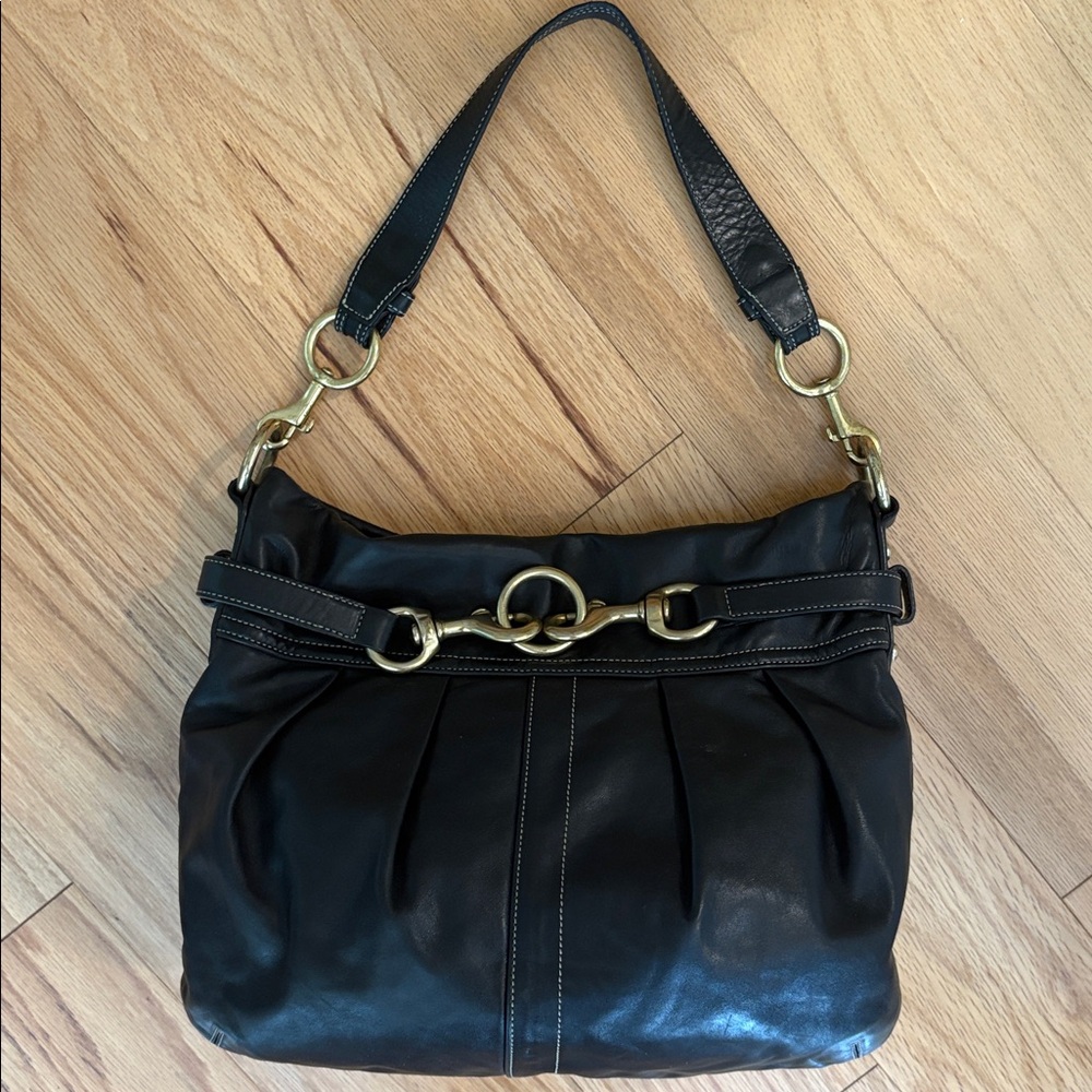 COACH vintage Hamptons Belted Hobo Shoulder Bag Y2K Black Leather Buckle Brass - Picture 6 of 16